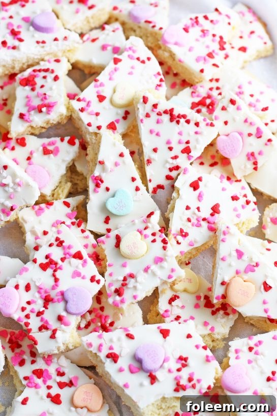 A close-up look at the conversation heart cookies, perfectly broken into irregular, tempting chunks, ready to be savored and enjoyed.