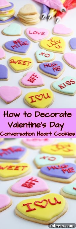 A festive image showcasing various Valentine's cookies designed to resemble classic conversation hearts, embodying a timeless sugar cookie decorating idea.