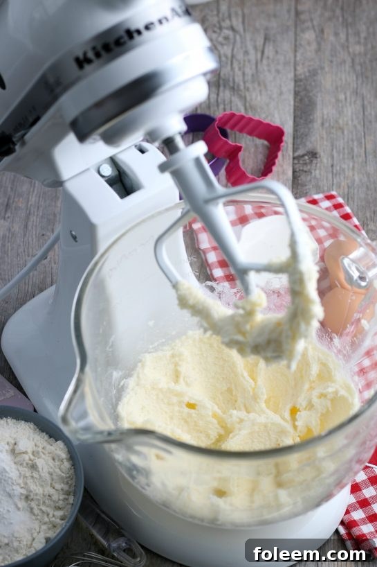 A close-up of a stand mixer, capturing the beginning phase of creating the smooth batter for decorated sugar cookies.