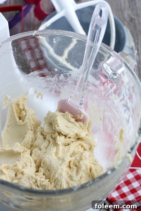 The prepared sugar cookie dough rests in the stand mixer, awaiting its chilling process before being rolled out and cut.