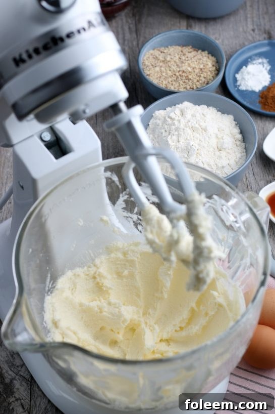 A stand mixer in action, effortlessly combining ingredients to make the Linzer cookies, simplifying the baking process.