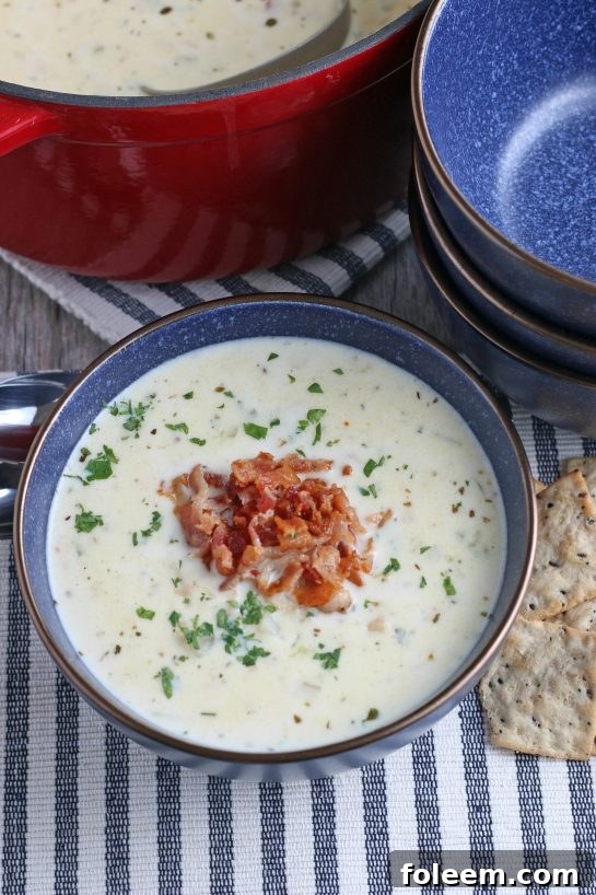 A top down view of the finished creamy New England clam chowder soup recipe.