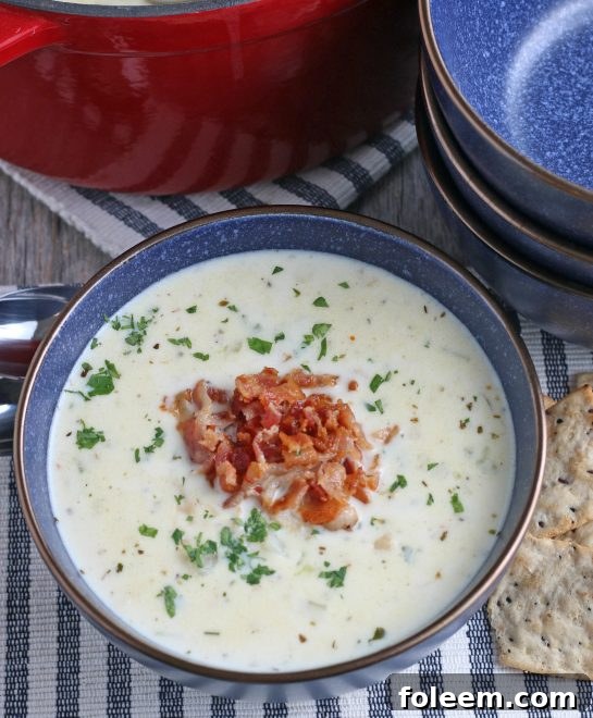 A top down view of the finished creamy New England clam chowder soup recipe.
