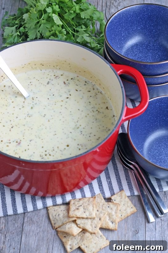 A look at the finished pot full of homemade clam chowder soup.