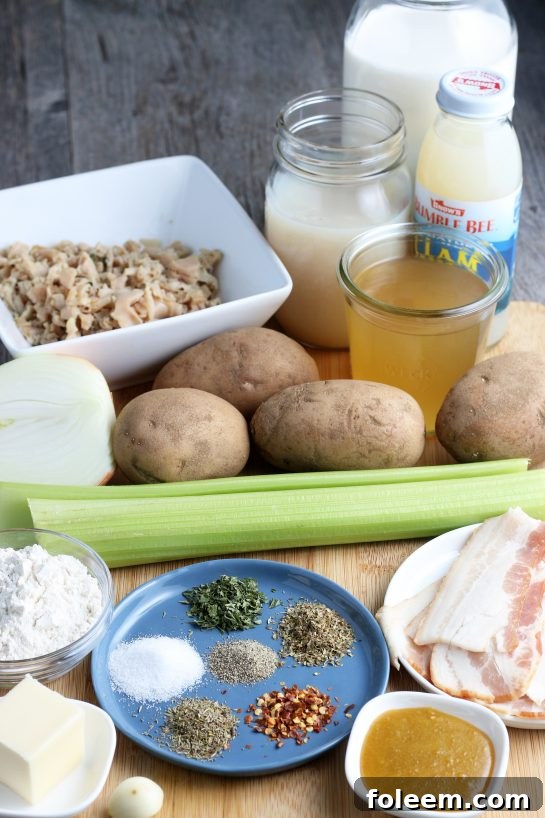 These are all the ingredients needed to make a delicious clam chowder.