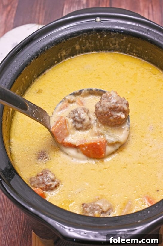 Hearty Slow Cooker Cheesy Meatball Soup, a perfect family meal for cold weather