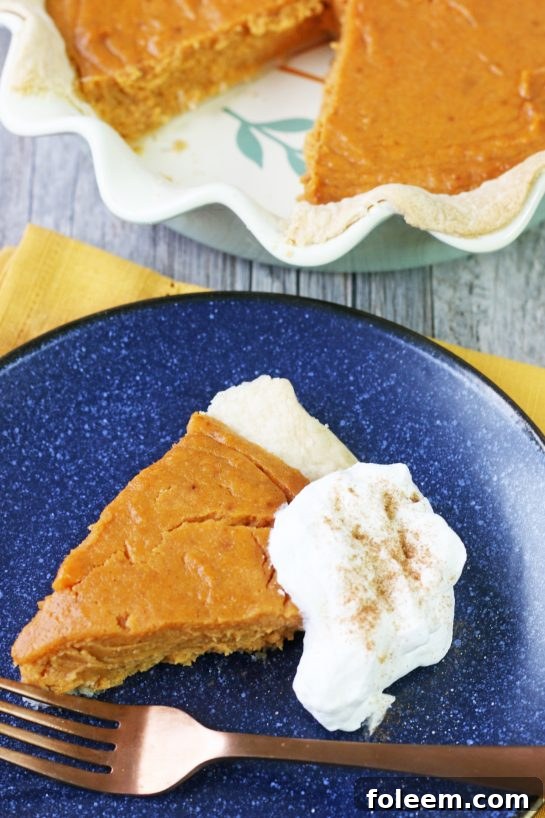 A delectable top-down view of a slice of sweet potato pie, generously topped with fluffy spiced whipped cream, ready for a delightful indulgence.