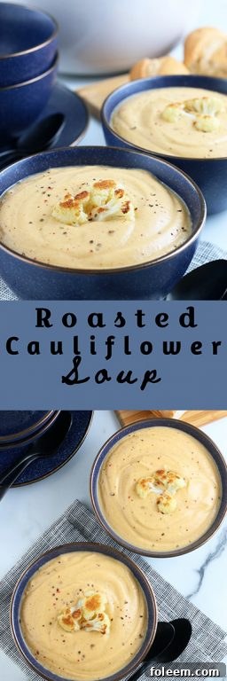A beautiful, vibrant flat lay of the finished Roasted Cauliflower Soup in a small, rustic bowl, garnished with herbs and a few roasted florets. The rich, creamy texture is evident, inviting a taste.