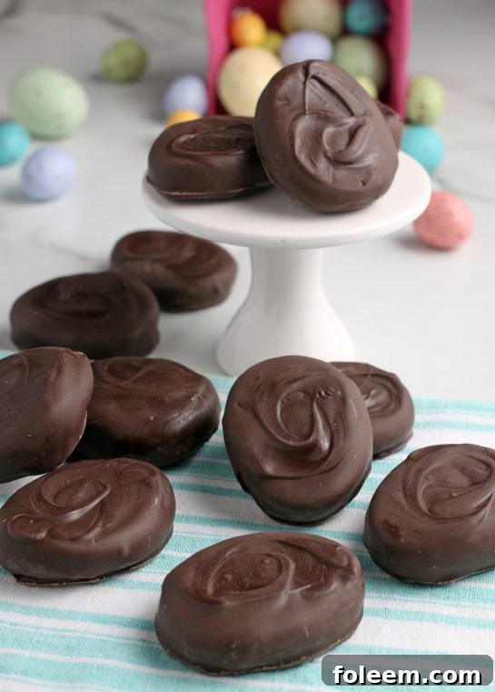 Here we see the finished homemade chocolate peanut butter eggs all laid out and ready to be enjoyed for Easter!