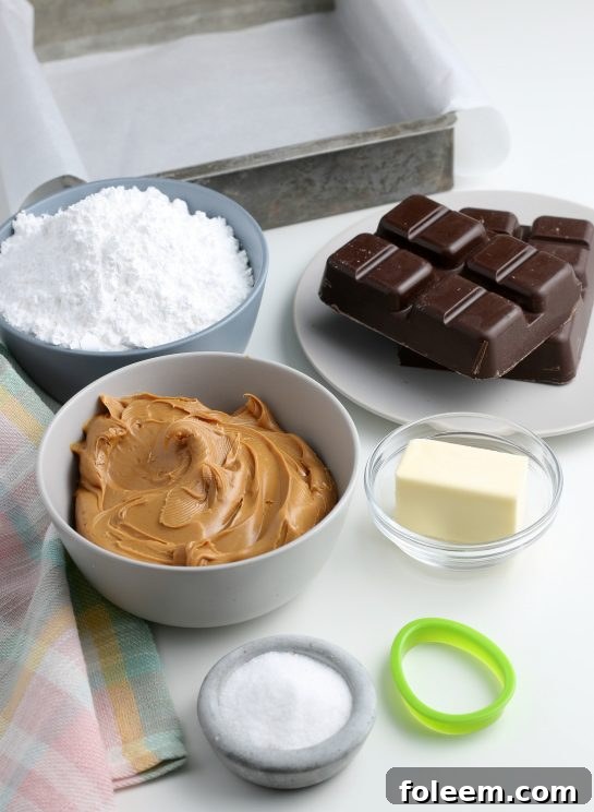 All of the ingredients needed for our recipe for homemade chocolate peanut butter eggs, neatly laid out before we begin the baking process.