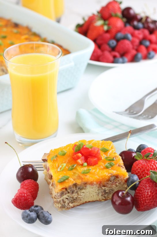 A look at this delicious overnight egg casserole with other breakfast foods, ready to be shared and enjoyed.