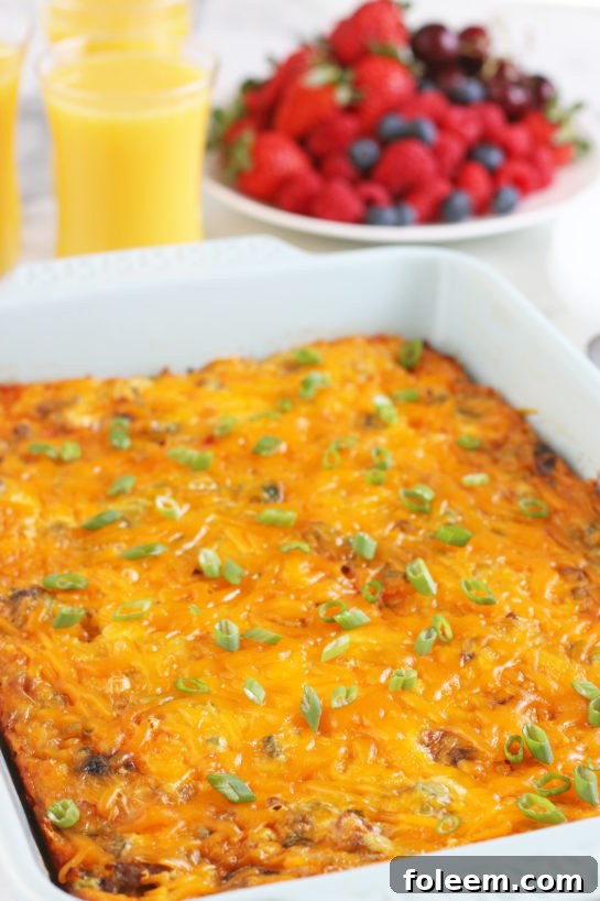 Here we see a the full pan of breakfast egg casserole perfectly baked and ready for serving.