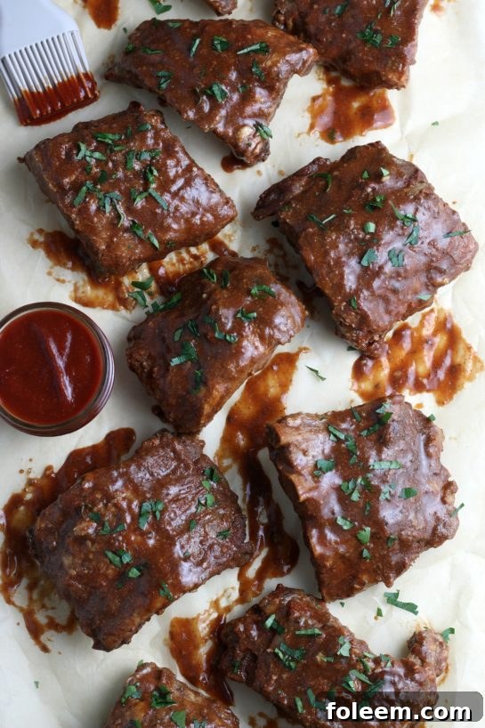 A top down look at the finished recipe for crock pot ribs.