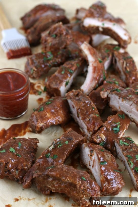 Here the bbq ribs are cut into individual pieces so they can be easily enjoyed.