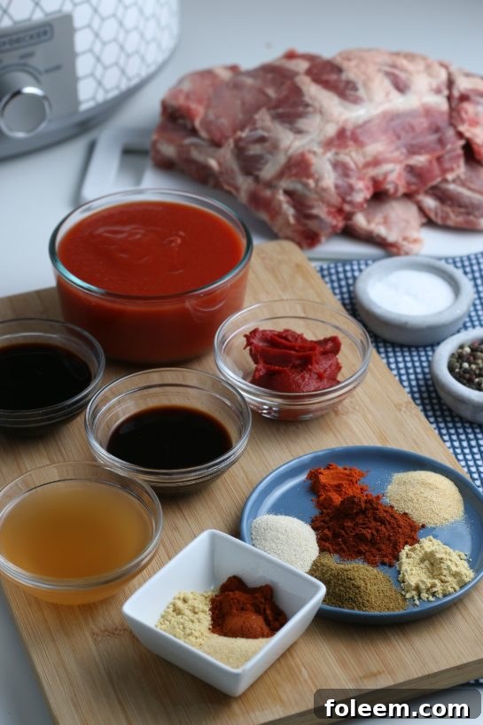 These are all the ingredients needed to make homemade slow cooker ribs.