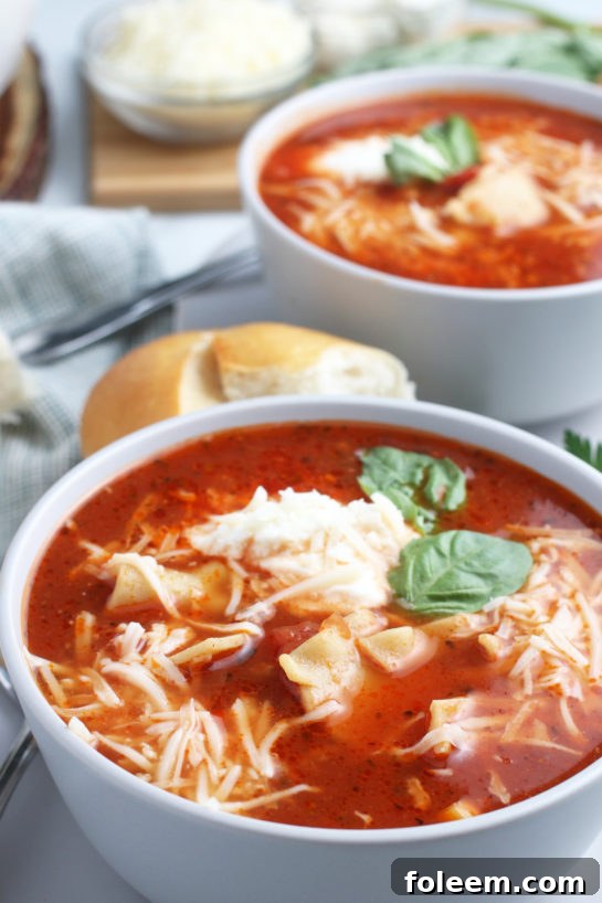A closer view shows the recipe for lasagna soup finished and ready to be devoured. Full of cheesy goodness!