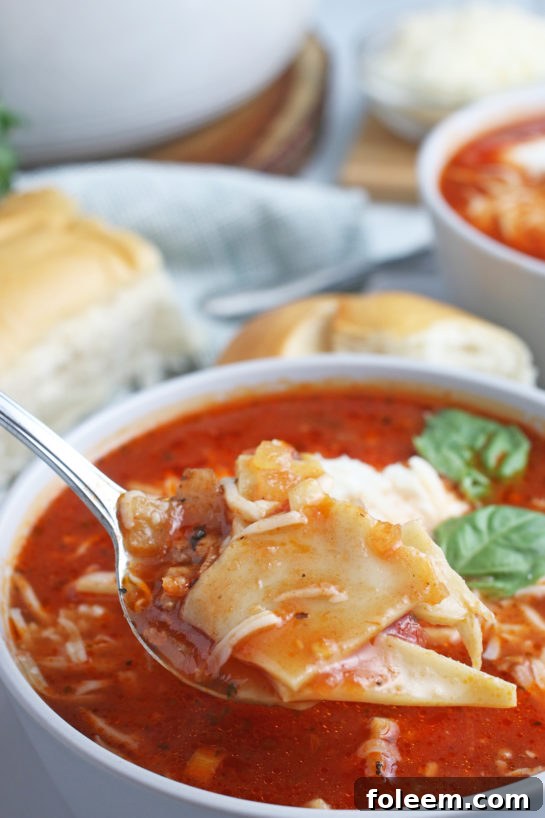 Another view of the recipe for cheesy lasagna soup with delicious noodles, cheese, and sauce.