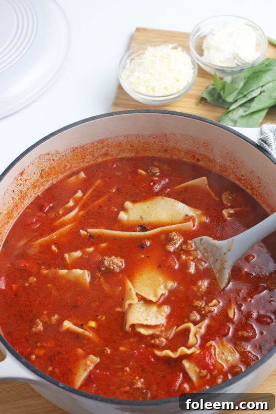 Here we see the lasagna noodles being added to the mix for our cheesy lasagna soup.