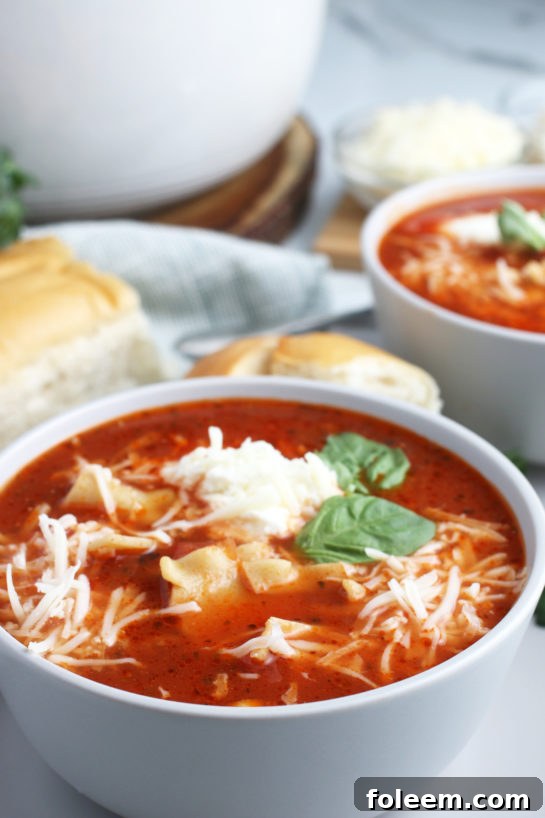 Here we see a bowl of the finished lasagna soup recipe ready to be served and enjoyed.