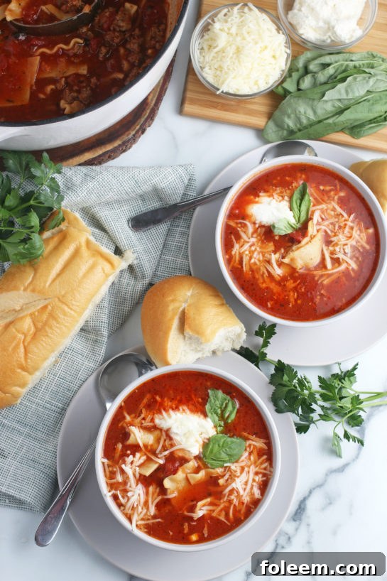 A top down view of the bowls full of delicious lasagna soup ready to be shared and enjoyed.