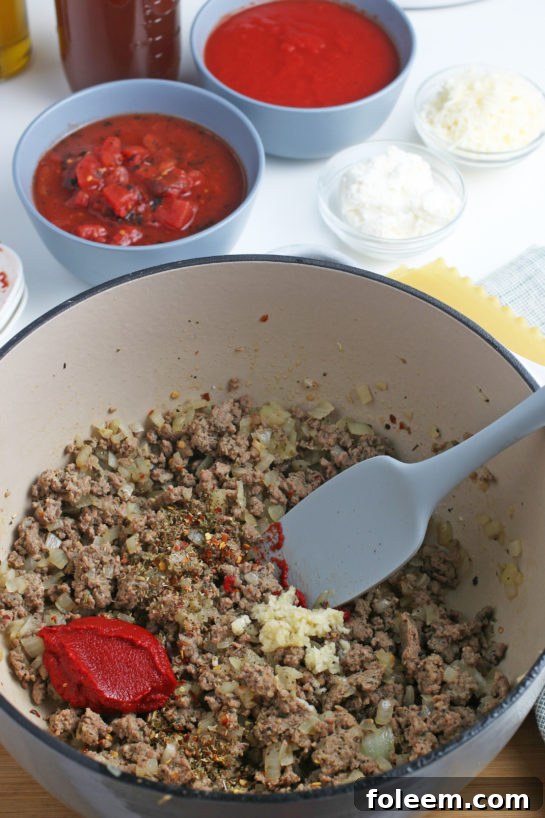 Here we see the meat and other ingredients being cooked up as we begin making cheesy lasagna soup. 