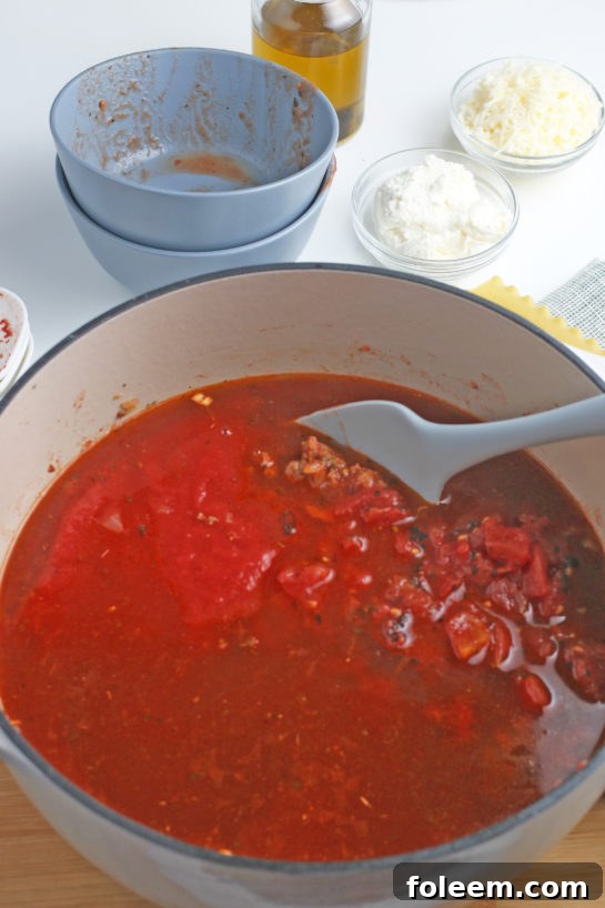 Now we add the sauce and some more spices to make this the most delicious lasagna soup.