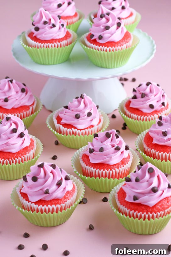 Watermelon Cupcakes topped with homemade buttercream! These fluffy vanilla cupcakes are bursting with juicy pockets of watermelon and the hot pink frosting is so pretty and delicious. These are the perfect summer cupcake recipe!