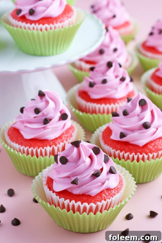 Close-up shot of the finished watermelon cupcakes recipe