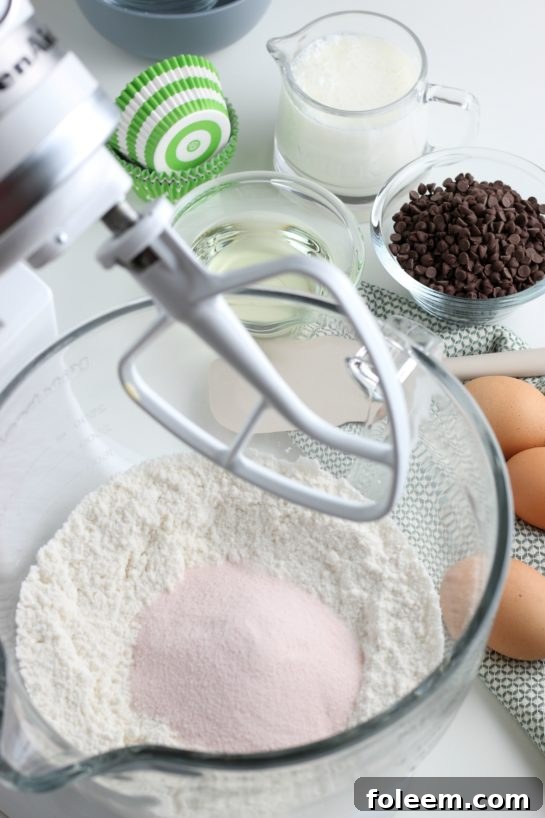 Mixing the dry ingredients for the watermelon cupcakes