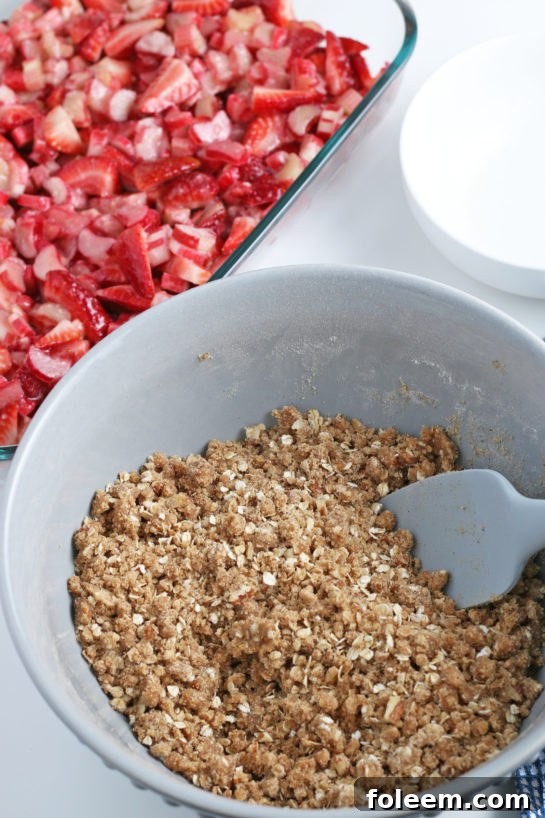 Mixing the crumble topping for Strawberry & Rhubarb crisp dessert recipe