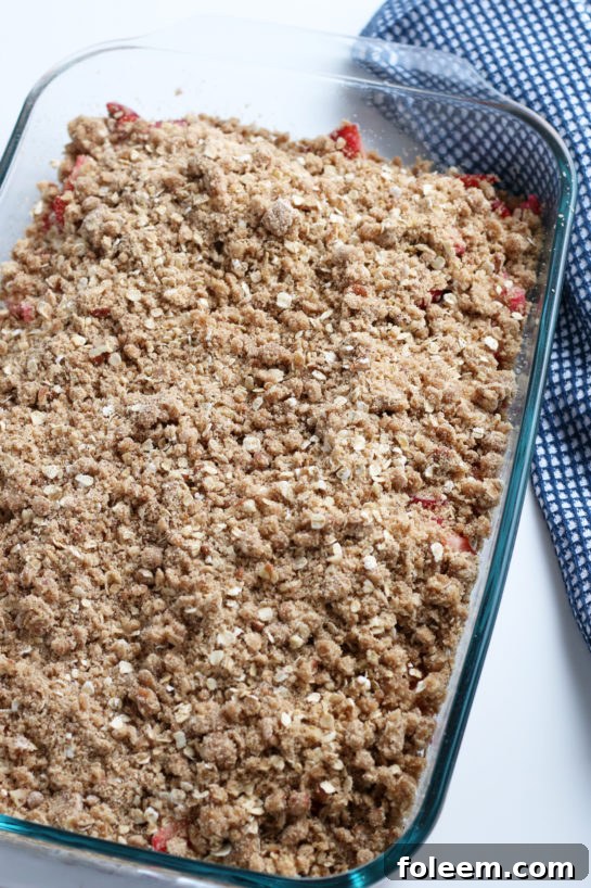 Strawberry & Rhubarb crisp recipe finished in the pan and out of the oven