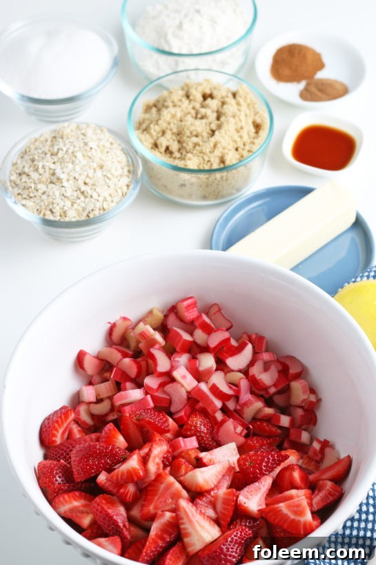 Rhubarb and strawberry chopped up for the Strawberry & Rhubarb crisp recipe