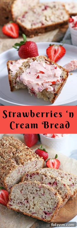 A vertically oriented image of the final product, this ultra moist strawberry bread, showcasing its perfect rise and golden-brown crust.