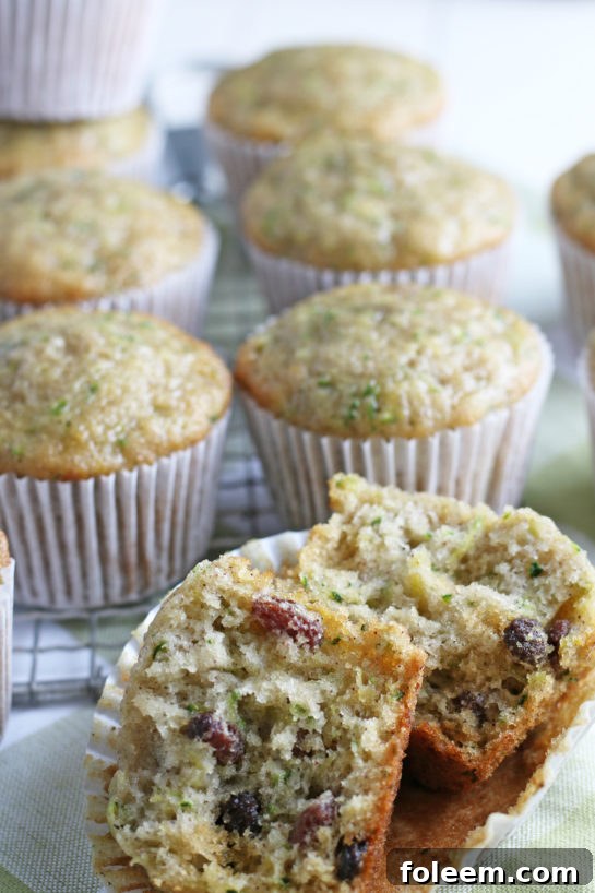 Close-up internal view of a Zucchini Muffin, revealing its super soft, moist crumb and the occasional hint of plump raisins, perfectly spiced with cinnamon.