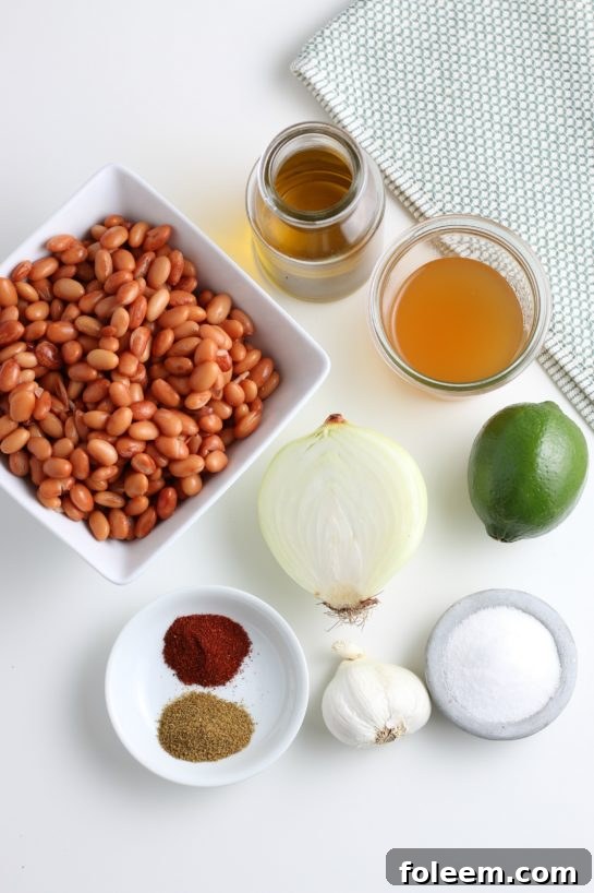 Fresh ingredients laid out for making homemade refried beans: pinto beans, onion, garlic, and spices.
