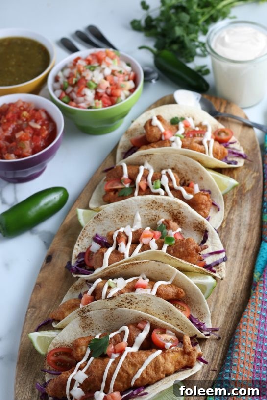 A vibrant platter of finished beer-battered Baja Fish Tacos, garnished and ready for serving