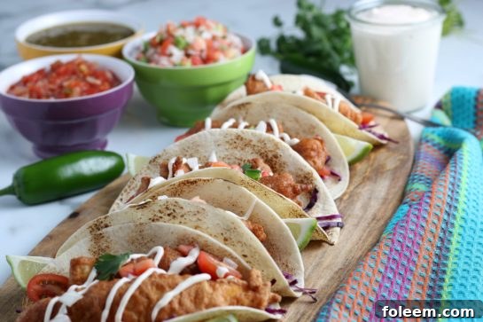 A plate of freshly prepared Baja Fish Tacos, garnished with fish sauce crema, ready for enjoyment