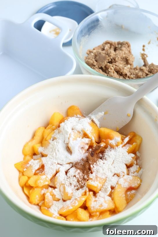 Tossing sliced peaches with sugar, lemon juice, and vanilla for the crisp filling