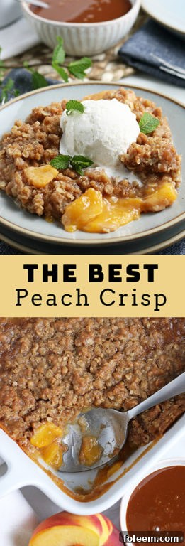 Final plated serving of the best fresh peach crisp, a truly easy and delicious dessert