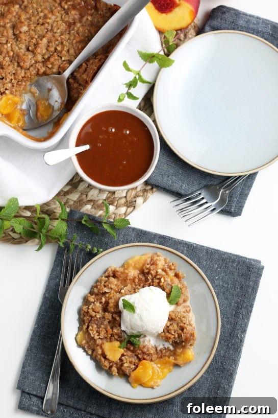 Close-up of the delicious fresh peach crisp filling and topping layers