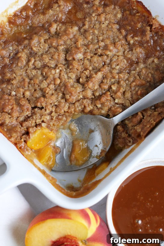 A generous scoop of warm peach crisp with a dollop of melting vanilla ice cream