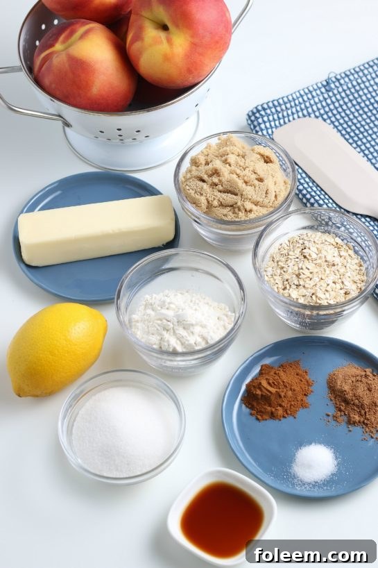 All the fresh and pantry ingredients laid out for making the peach crisp recipe
