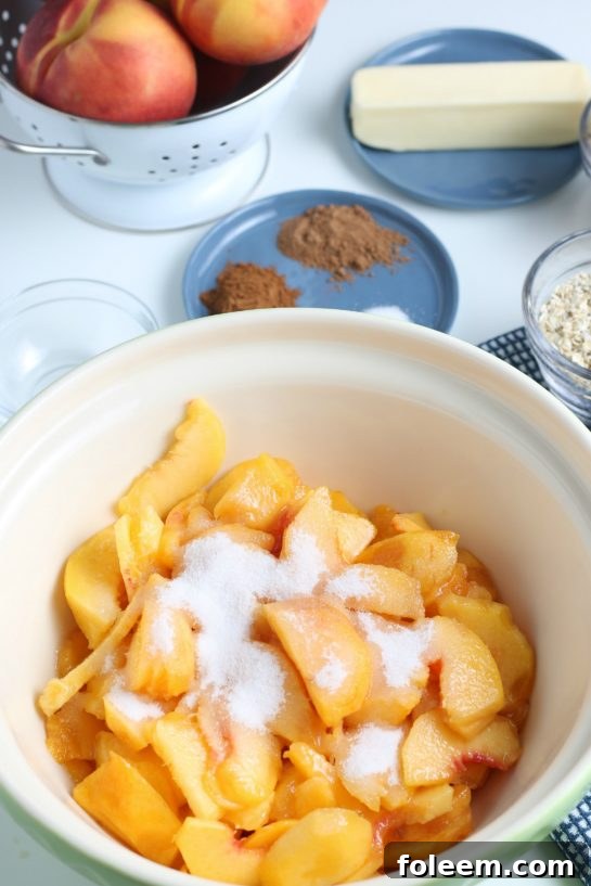Adding granulated sugar to the sliced fresh peaches in a mixing bowl