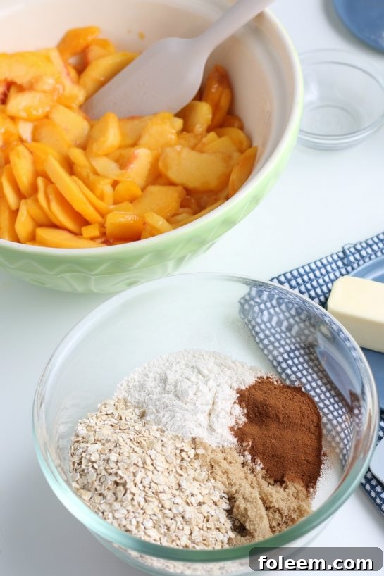 Mixing the dry ingredients for the peach crisp topping in a bowl