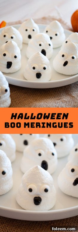 A vibrant, full-sized image of spooky yet adorable Halloween Boo Meringues, each uniquely decorated, perfect for a party.