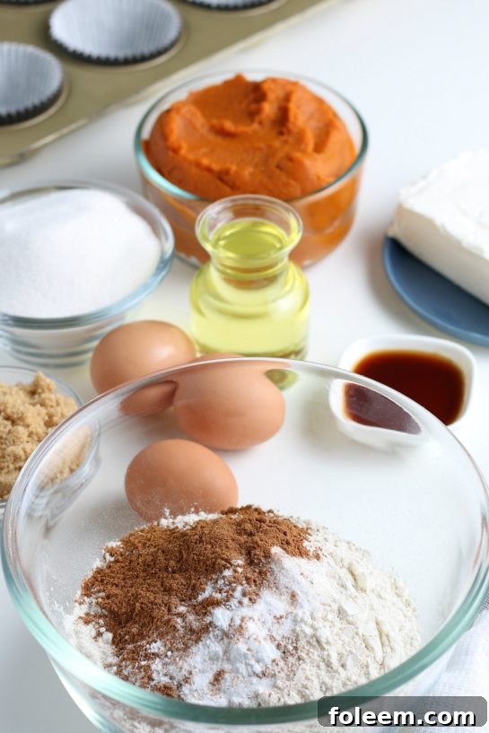Dry ingredients like flour, pumpkin pie spice, baking soda, and salt are carefully measured into a mixing bowl for the muffin batter.