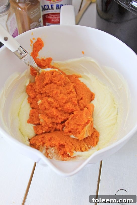 Adding rich pumpkin puree to the wet ingredients for the slow cooker pumpkin bread pudding base.