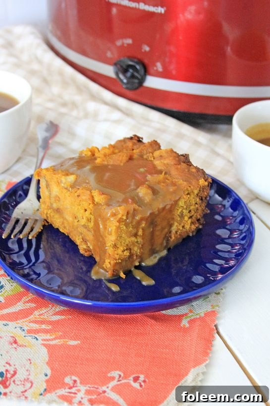 Crock Pot Pumpkin Bread Pudding cooking in the slow cooker, filling your home with inviting fall aromas.
