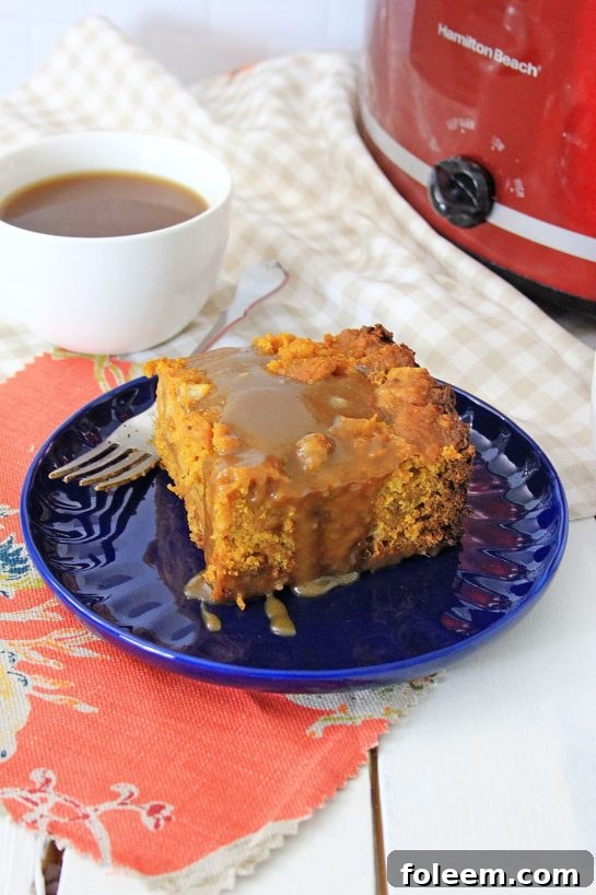 Fully cooked Crock Pot Pumpkin Bread Pudding, perfectly golden and ready for a delicious caramel topping.