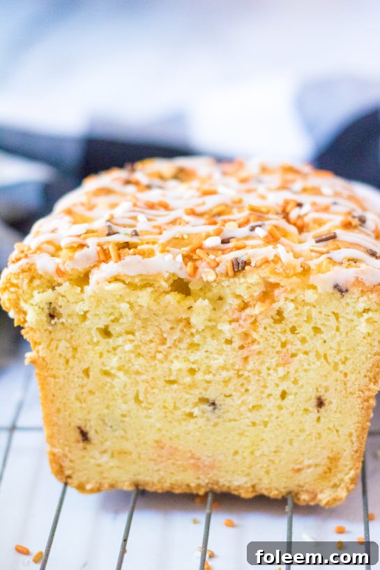 Close up view of the inside of the moist Fall Confetti Sweet Bread, revealing its tender crumb and colorful sprinkles.